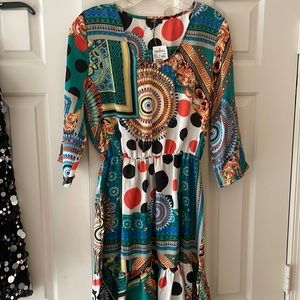 FRENCH DESIGNER E7 NATHALIE Pattern colorful MINI DRESS green. One size